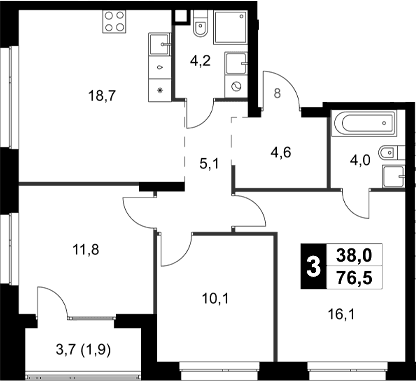 3-комнатная квартира